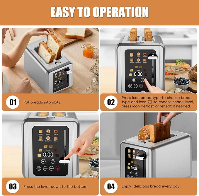 2 Slice Toaster,Touchscreen & Dual Independent Control Panel,5 Basic Functions & Digital Countdown Toasters,6 Shade Settings＆6 Bread Types,Smart Bread Maker Mute/Screen-Off,Platinum