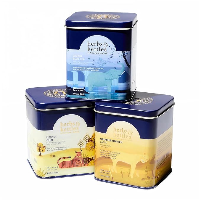 Herbs & Kettles Tea Gift Combo Set - Masala Chai, Calming Golden Latte & Lavish Blue Tea - Premium Loose Leaf Tea Collection - Relaxing, Energizing, and Refreshing Tea Variety Pack (3 Pack)