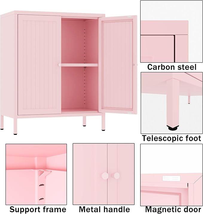 Small 2 Transparent Door Metal Storage Side Buffet Cabinet for Bed Room,Living Room,Entryway,Hallway,Home,Hotel,Office,Garage,Kitchen,1 Removable Shelf. (Striped Door, Pink)