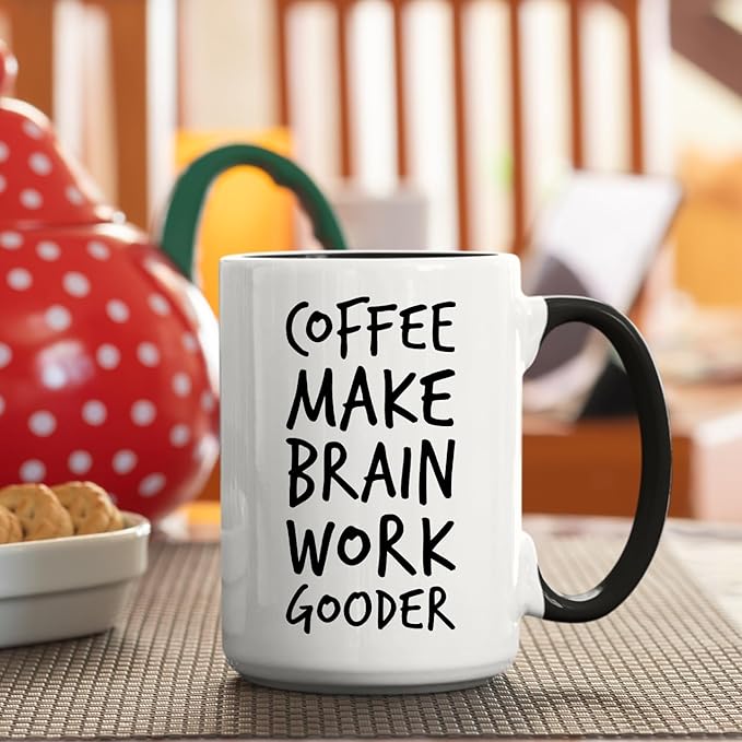 Veracco Coffee Make Brain Work Gooder Mug Funny Coffee Lover Gift Humorous Idea Family Friends Birthday Presents Sarcastic Office Tea Cup Caffeine Addict Brain Booster Gooder Vibes