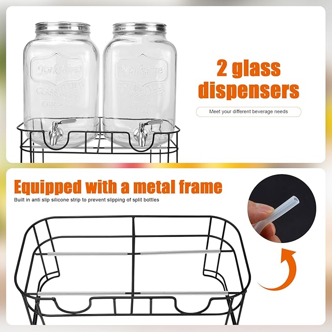2 Gallon Glass Drink Dispensers For Parties (2 PACK) With Stand And Leakproof Stainless Steel Spigot - Glass Water Jug, Lemonade Dispenser