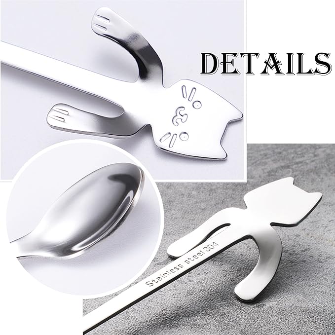 6 PCS Cat Spoon Coffee Tea spoon Set, ESRISE Stainless Steel Mini Long Cute Kitten Stirring Teaspoons for Dessert Drink Mixing Milkshake (Silver)