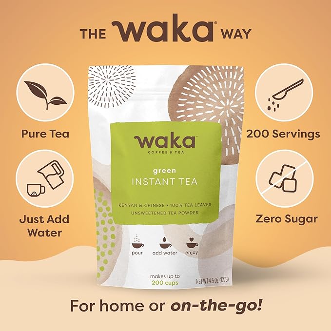 Waka Instant Green Tea Mix, Original - 100% Tea Leaves, No Additives, Unsweetened Tea Powder for 50 Quarts or 200 Cups – Easy and Quick Hot or Iced Teas (4.5oz)