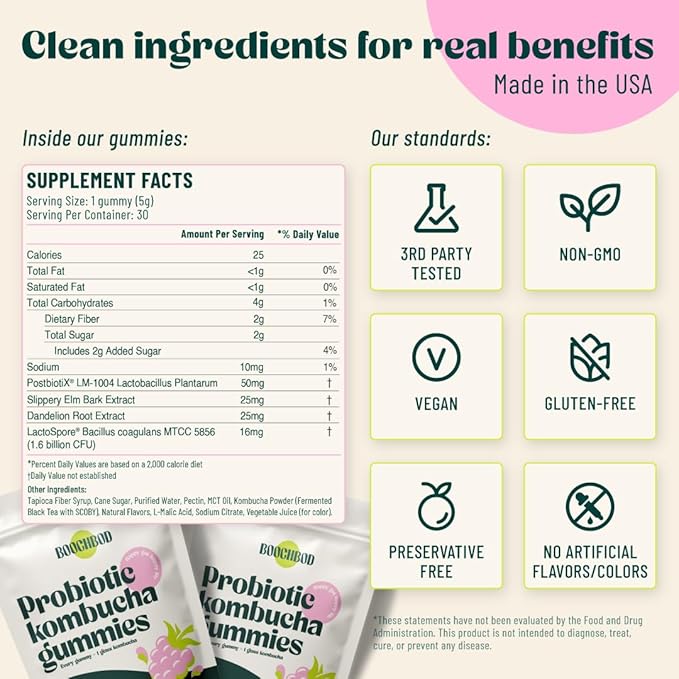 Probiotic Kombucha Gummy - Prebiotics, Probiotics, Postbiotics, Fiber Supplement, Slippery Elm, Dandelion Root, MCT Oil, for Bloating, Gut Health - Probiotics for Women and Men