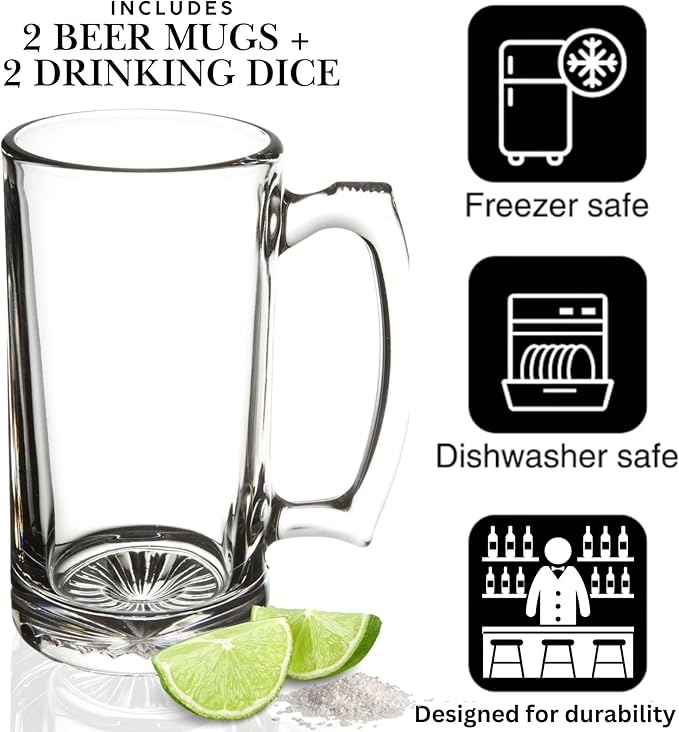 4 Piece Set Large Glass Beer Mugs Freezer Safe, 2 Pack Heavy Beer Steins with Handle, 16 oz (2 Drinking Dice + 2 Beer Mugs Set)