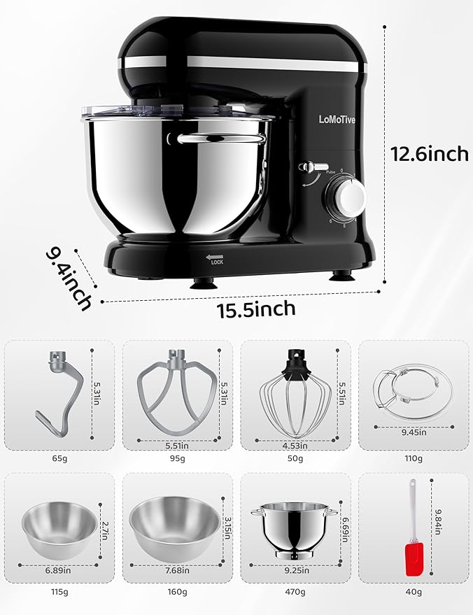 Stand Mixer 6QT Dough Mixer - 660W Kitchen Mixer 6-Speed Electric Mixer with Egg Whisk Dough Hook Flat Beater BLACK