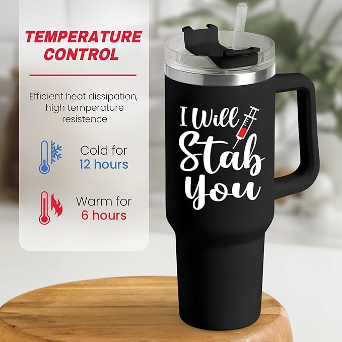 SANDJEST Nurse Gifts I Will Stab You Tumbler with Handle 40oz Stainless Steel Insulated Coffee Cup Funny Nurse Week Present, Nursing School Graduation, Appreciation Gifts for RN Nurses