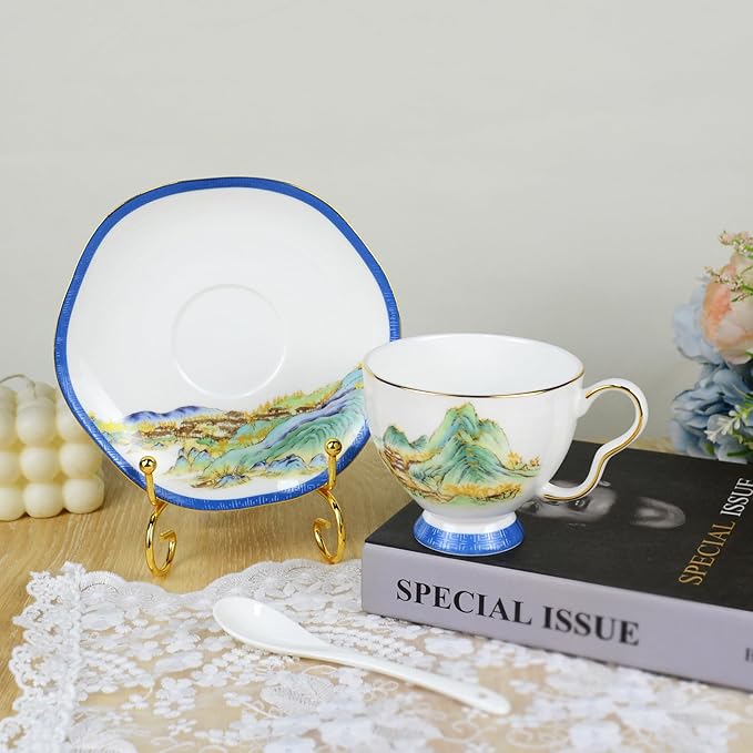 Bone China Tea Cup and Saucer Set, Bone China Coffee Cups and Saucers, Vintage Blue and White TeaCups snd Saucers Gift for Mom Friend Tea Party (Blue D)