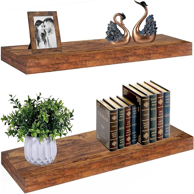 Rustic Brown Floating Shelves 25 Inch Rust Brown Shelves for Wall with 1/5" Thicker Steel Brackets | Heavy Duty Farmhouse Wall Shelves | Solid wood Core | Rustic Floating Shelves for Décor Set of 2