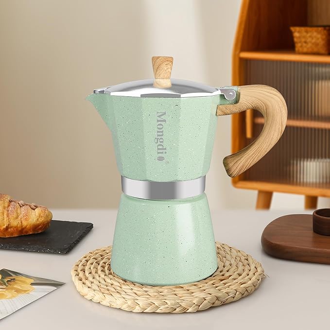 Mongdio Stovetop Espresso Maker Moka Pot, Cuban Coffee Maker Stove top coffee maker Moka Italian Espresso Greca Coffee Maker Brewer Percolator, 6 Espresso Cups, 10 oz - Green