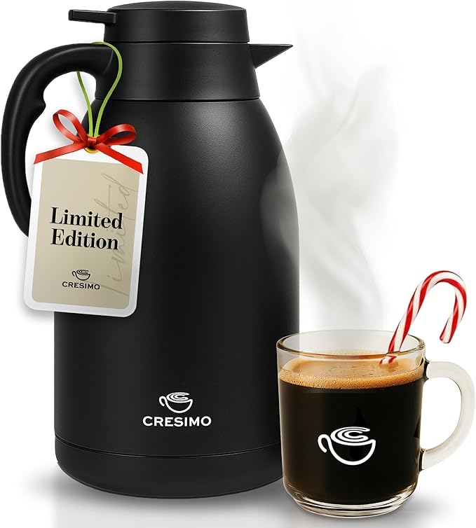 Thermal Coffee Carafe 68 oz by Cresimo – Updated 2025 Model – Insulated Black Stainless Steel Coffee Urn & Drink Dispenser, Keeps Drinks Hot 12h / Cold 36h – Durable & Easy to Pour