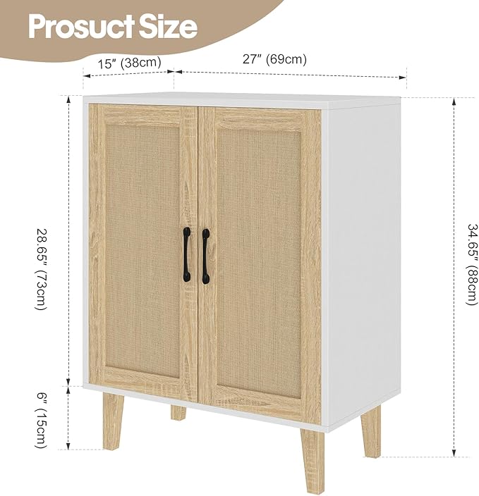 Panana Buffet Cabinet Sideboard with Rattan Decorated Doors Kitchen Storage Cupboard Accent Cabinet (White)