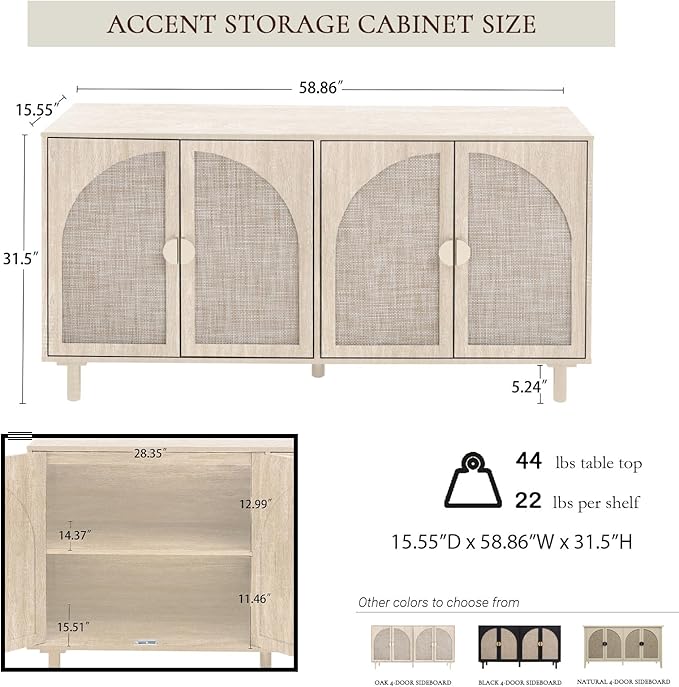 Beige Sideboard Buffet Cabinet, 4-Door Rattan Storage Cabinet, Coffee Bar with Adjustable Shelf, Accent Furniture for Living Room, Entryway, Home Office, Oak