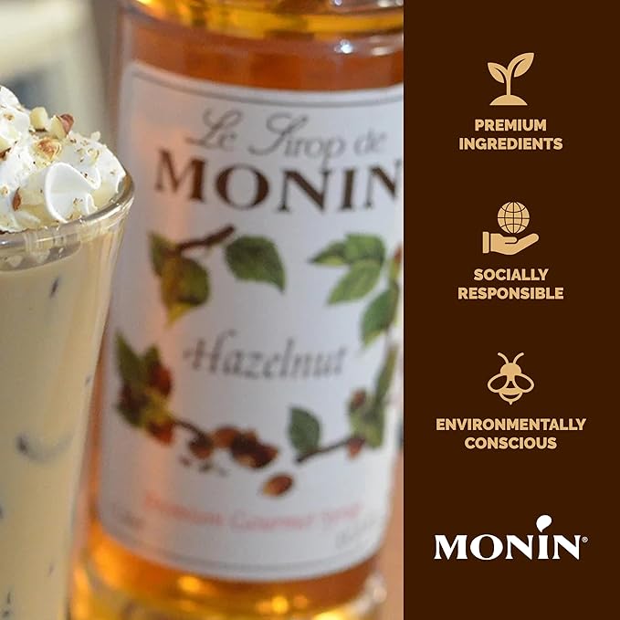 Monin - Hazelnut Syrup, Nutty Taste of Caramelized Hazelnut, Natural Flavors, Great for Mochas, Lattes, Smoothies, Shakes, and Cocktails, Non-GMO, Gluten-Free (750 ml)