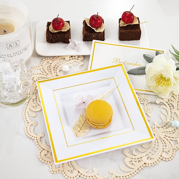 bUCLA 100PCS Gold Square Plastic Plates - 6inch Disposable Dessert/Cake Plates - Premium Hard Square Small Appetizer Plates for Wedding&Party