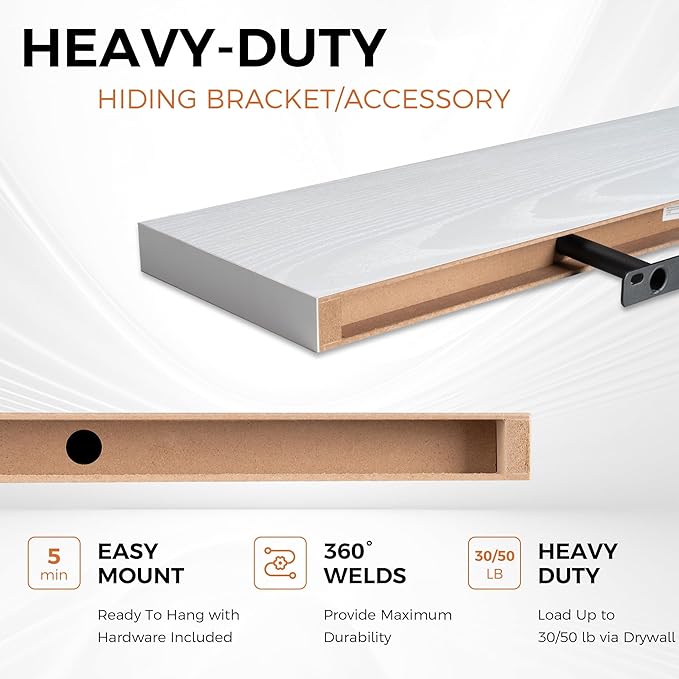Fun Memories Floating Shelves for Wall, 27.5" Rustic Wood Deep Wall Mounted Shelves with Invisible Brackets for Decor & Storage, Floating Shelf for Living Room, Bathroom (White, Set of 2)