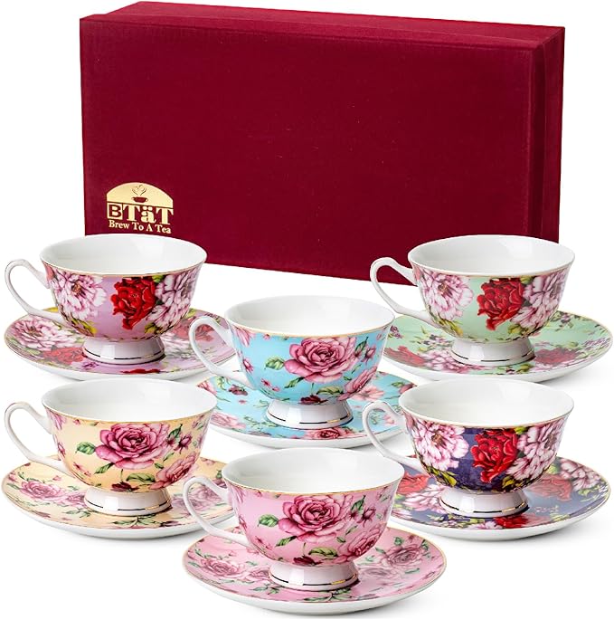 BTaT- Floral Tea Cups and Saucers with Gift Box, 8oz, Tea Cups Set of 6, Cup & Saucer Sets, Christmas Gifts