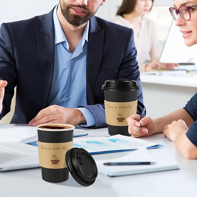 100 Pack 12 oz Coffee Cups with Lids, Disposable To Go Paper Coffee Cups with Sleeves and Stirring Sticks for Hot/Cold Drinks Office Home Shop Event (Black)