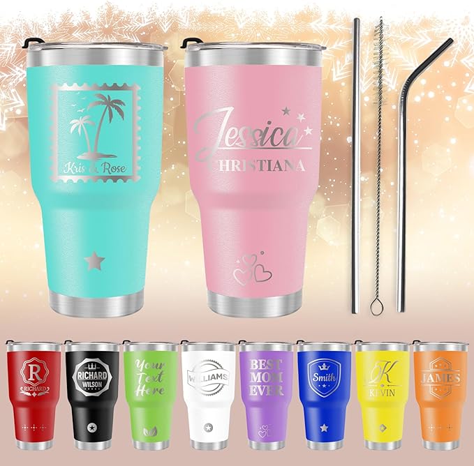 Personalized Tumbler with Pictures Text Name, Custom Double Wall Insulated 20oz Coffee Tumbler, Personalized Gifts for Women Men Friend, Christmas Gifts w/Lid (30oz Engraved)
