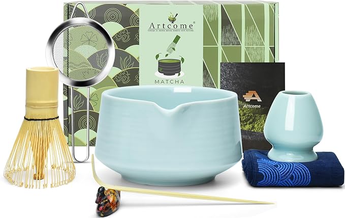 Artcome Matcha Tool Set - Complete Kit with Matcha Bowl with Spout, Bamboo Whisk, Tea Scoop, Whisk Holder, Scoop Holder, Tea Cloth & Powder Strainer, Celadon Blue