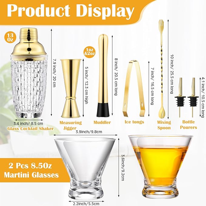 Pickmesh 9 Pcs Cocktail Shaker Set 13 oz Glass Cocktail Shaker with Built-in Strainer, 2 Martini Glasses, Shakers Bartending Drink Mixer Set Drink Mixer Gifts for Dad, Boyfriend, Husband (Gold)