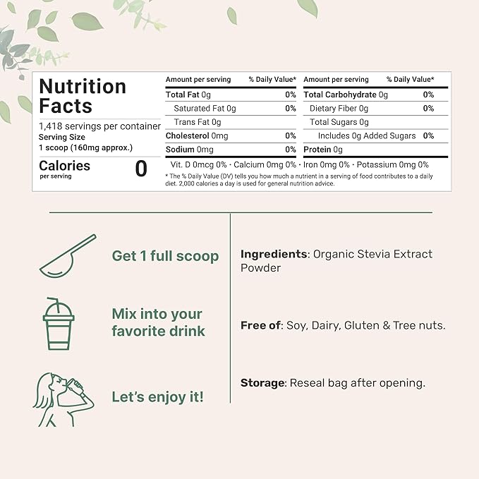 Pure Organic Stevia Powder, 8 Ounces, 1418 Serving, Highest Grade Stevia Green Leaf Extract Reb-A, Reduced Bitter Aftertaste, 0 Calorie, Natural Sweetener, Sugar Alternative, Keto Friendly