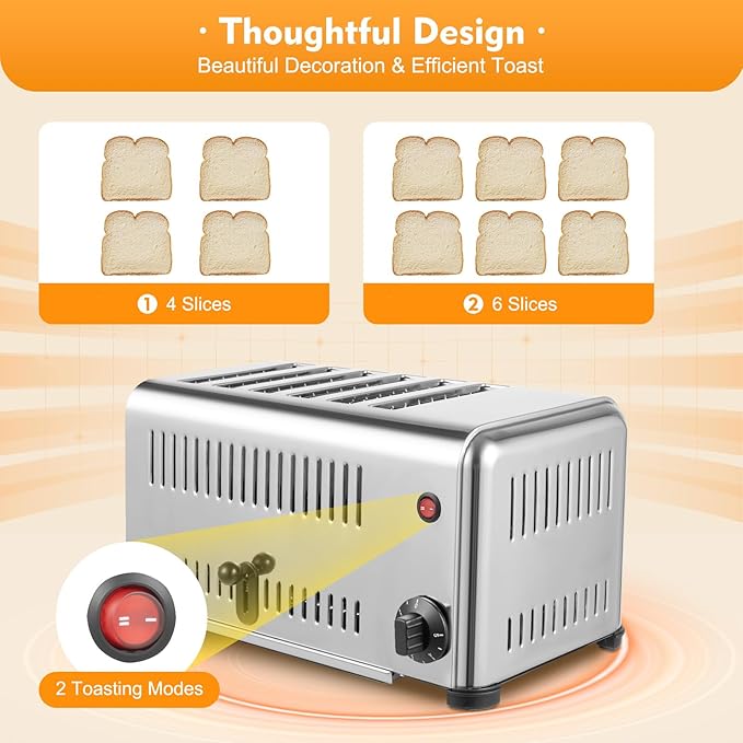 Stainless Steel Toaster 4 Slice with 2 Modes for Toasting (4 or 6 Slices), Extra Wide Slots, Time Adjustable 1 to 5 Minutes, Removal Crumb Tray