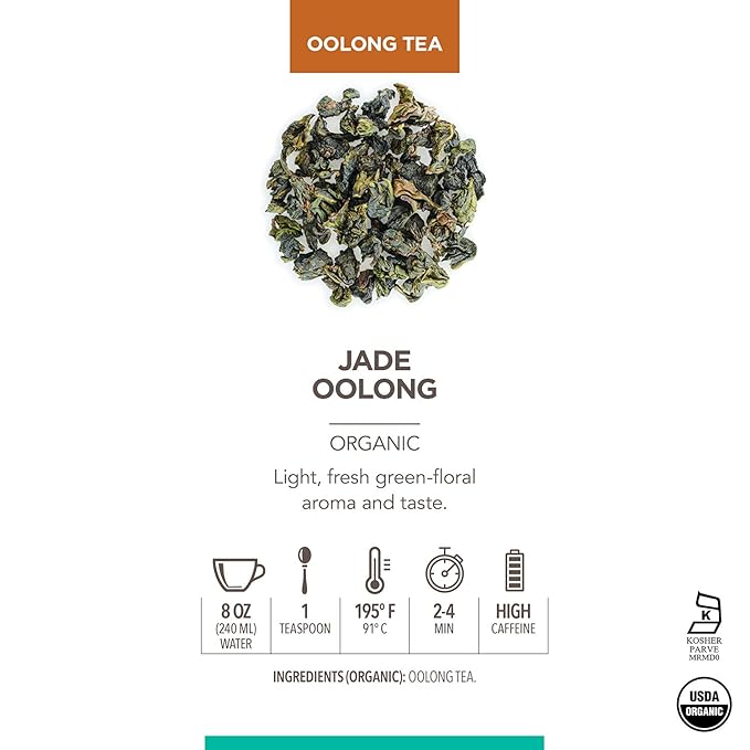 Teabloom Organic Jade Oolong Loose Leaf Tea, Rolled Leaves From High-Elevation Mountains, USDA Certified Organic and Certfied Kosher, Fresh Green-Floral Aroma and Flavor, 3.53 oz/100 g Canister Makes 35-50 Cups