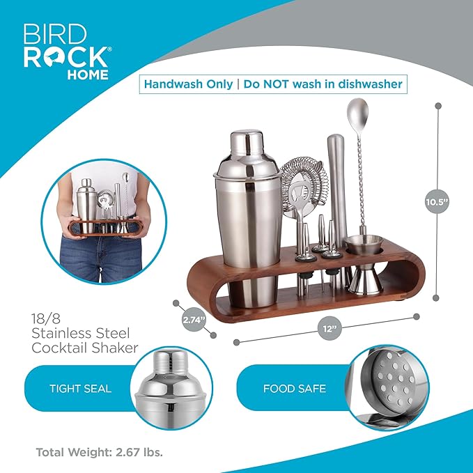 BIRDROCK HOME 10 Piece Professional Bartender Cocktail Mixing Set with Acacia Wood Stand | Stainless Steel Bar Tools for Home | Gift for Him | Includes Shaker, Muddler, Strainers, Jigger, and Spoon