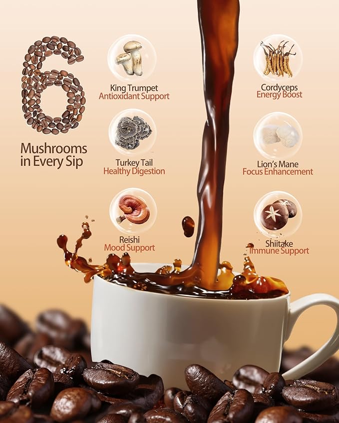 Mushroom Coffee, Organic Instant Coffee with 6 Adaptogenic Mushrooms (Lion's Mane, Reishi, Cordyceps & More), Boost Energy, Focus & Immune Support, Low Caffeine, Portable 32 Sticks