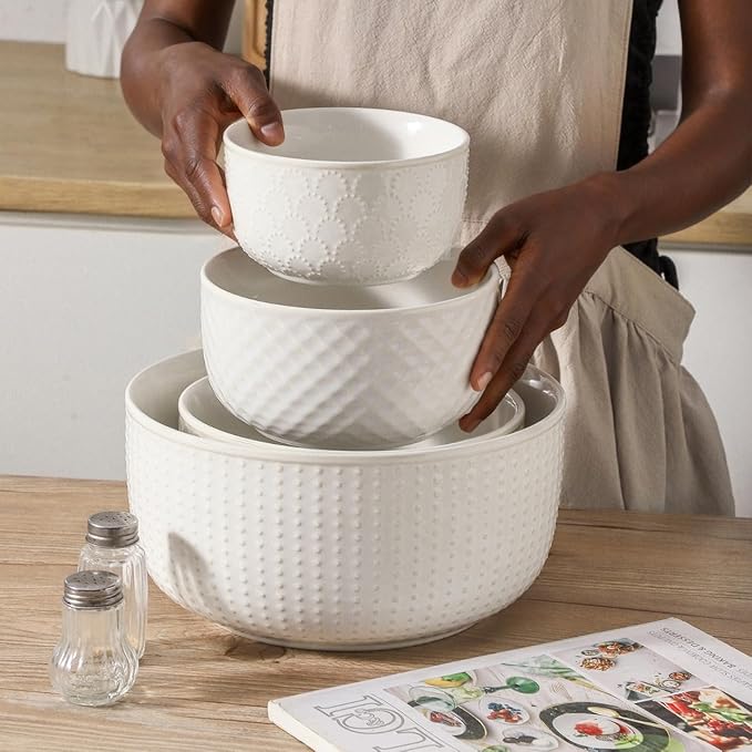 Ceramic Mixing Bowls, 27/53/84/162 oz, set of 4, Embossed large Mixing Bowl set, Serving bowls, Kitchen Dishware, Prep, Gift, Microwave and Dishwasher Safe, Modern Farmhouse Decor