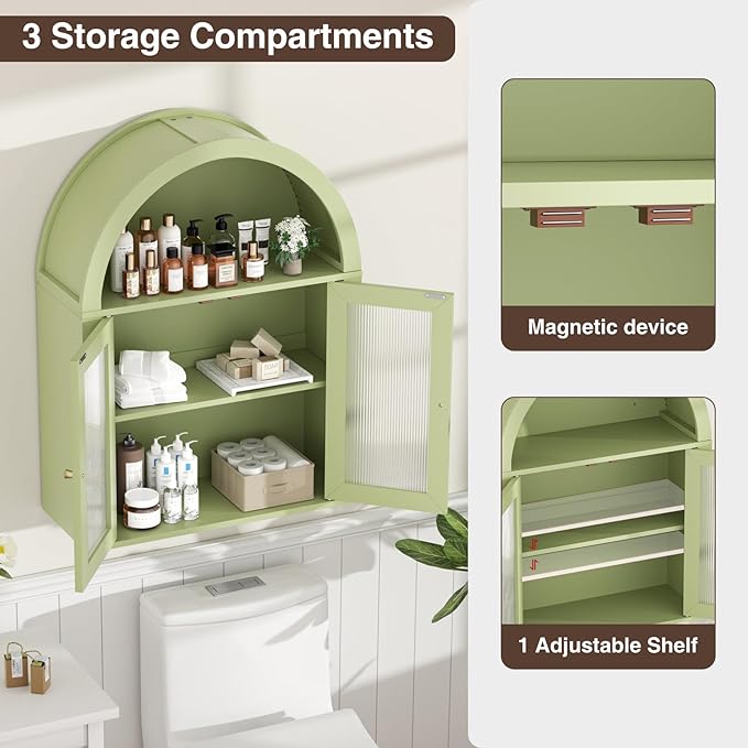 Arched Bathroom Cabinet, Wall Mounted Bathroom Cabinet with Tempered Glass Doors and Adjustable Shelf, for Kitchen, Living Room, Laundry Room, Restroom, Green