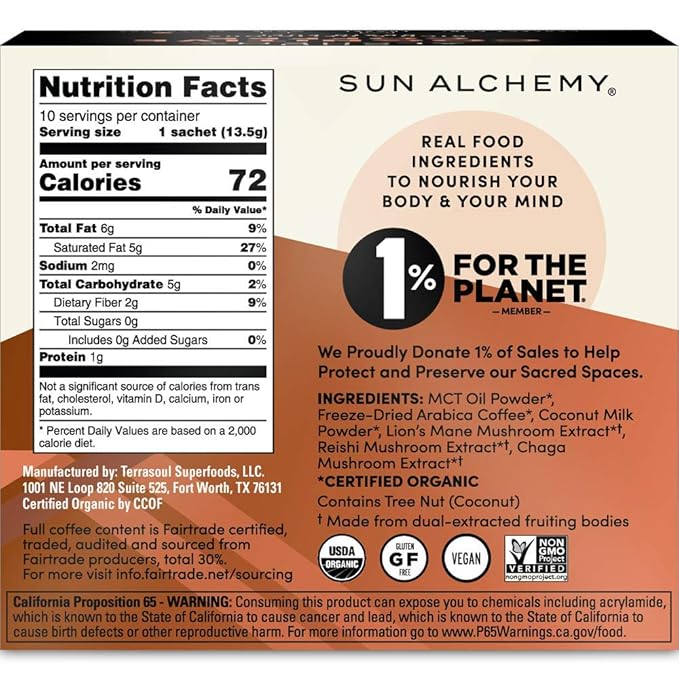 Sun Alchemy Cognitive Coffee with Organic MCT Oil, Fair-Trade Coffee, Lion’s Mane, Reishi & Chaga - 10 Sachets