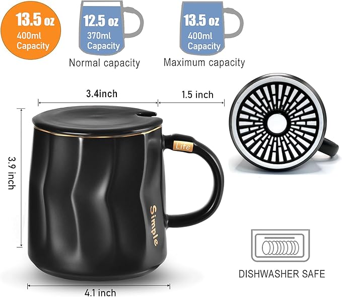 Coffee Mug Warmer Set, Smart Coffee Warmer for Desk Auto Shut Off, Cup Warmer for Office Home Use, 2 Temperature Control Heated, 13.5 oz Flat Bottom Coffee Mug, Gifts for Men, Matte Black