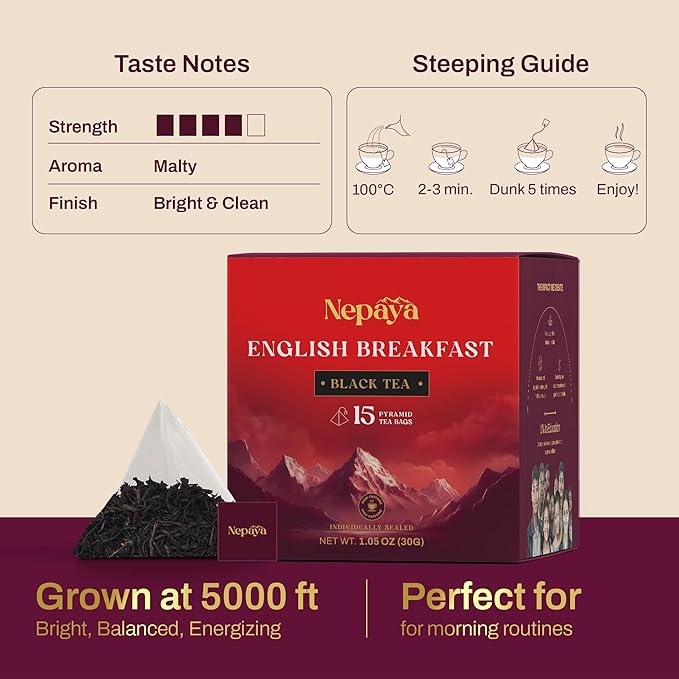 Nepaya English Breakfast Black Tea – 15 Pyramid Tea Bags, Strong & Robust, High Caffeine, Biodegradable, Himalayan Whole-Leaf Breakfast Tea