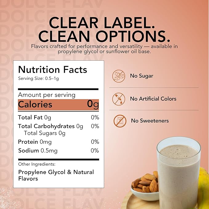 Dolce Flav Natural Almond Extract – 8 Ounce Water-Soluble Kosher, Sugar-Free, Concentrated Pure Almond Flavoring for Baking, Pastries & Beverages, Includes Measured Dropper
