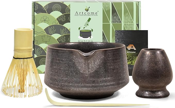 Artcome Matcha Tool Set - Complete Kit with Matcha Bowl with Spout, Bamboo Whisk, Tea Scoop & Whisk Holder, Antique Finish
