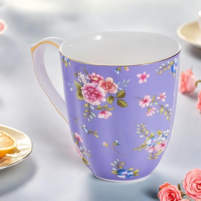 13oz Bone China Floral Mug with Gold Bone China Coffee Mugs Bone Teacup Christmas Mugs Birthday Gifts for Women Mom Friends Coworker