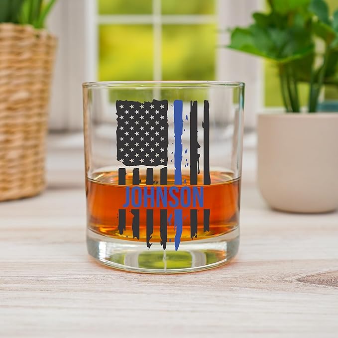 Blue Ridge Mountain Gifts - Thin Blue Line Whiskey Glass - Personalized Law Enforcement Glass, Police Officer Appreciation, Back the Blue, Police Academy Gift, First Responders Custom Glassware
