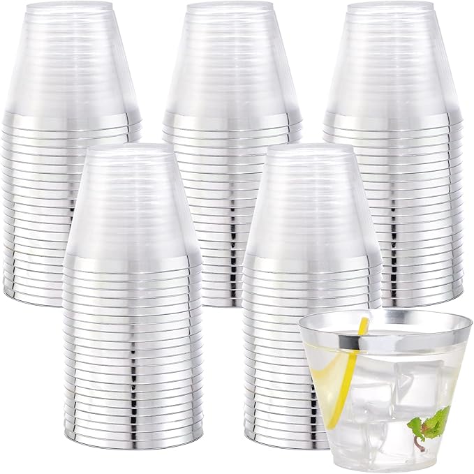 WELLIFE 120PCS Silver Disposable Plastic Cups,9 oz Clear Plastic Cups,Disposable Wine Glasses for Party and Christmas