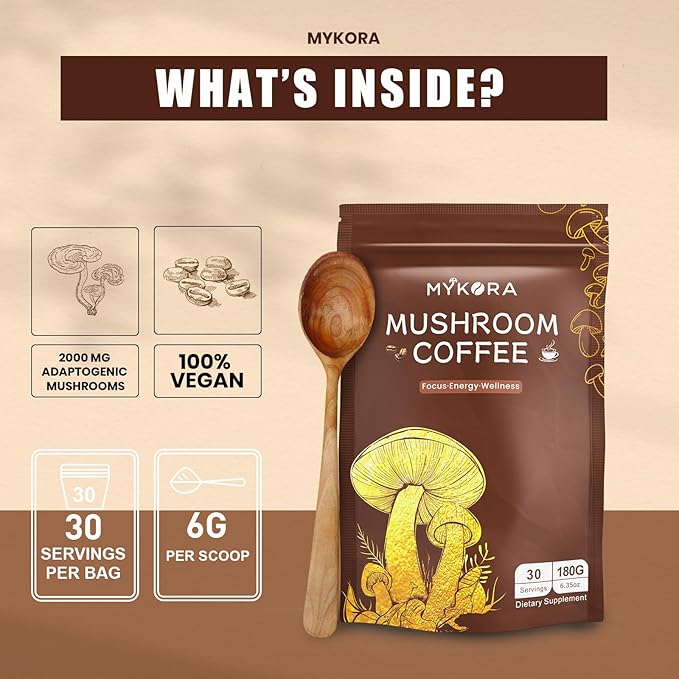Mushroom Coffee 2000mg, Organic Instant Coffee with 6 Adaptogenic Mushrooms (Lion’s Mane & Turkey Tail), with MCT Oil & Coconut, for Focus, Energy, Digestion & Immune Support, 30 Servings
