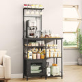SWTYMIKI Bakers Rack with Storage - Coffee Bar Cabinet Organizer with 8 Hooks, Shelves & Cabinet Door, Coffee Station for Kitchen Dining Room, Microwave Stand with Adjustable Feet, Black