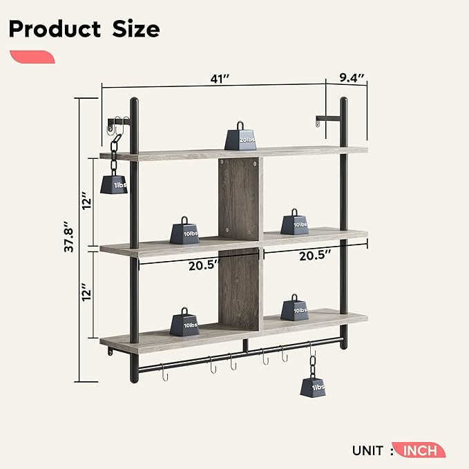 Bestier 41" Floating Kitchen Shelves Wall Mounted 3 Tier Coffee Bar Mug Shelf Hanging with 8 Hooks Display Plant Pipe Shelving for Living Room Kitchen Bathroom Balcony, Retro Grey