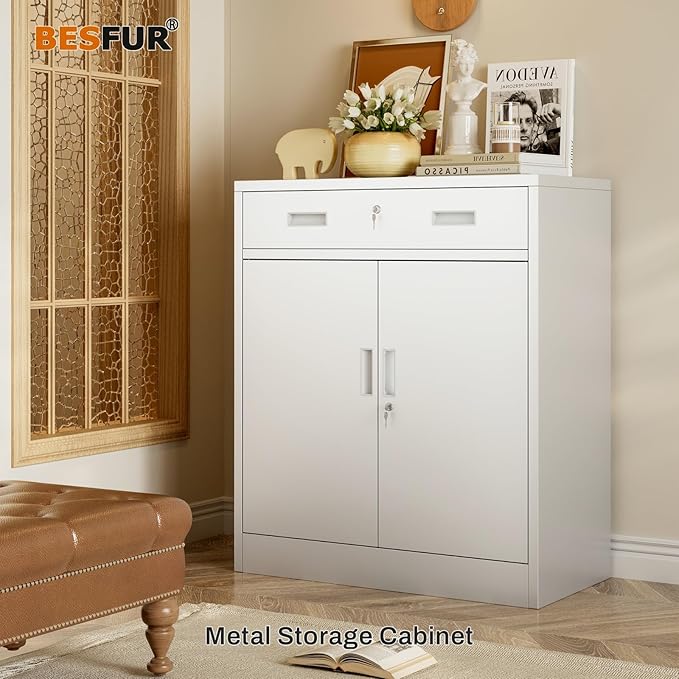 BESFUR 36" H Metal Cabinet with Lockable Drawer and 2 Lockable Doors, White Locking Cabinet with Adjustable Shelf, Lockable Storage Cabinet for Home Office, Garage,School, Warehouse, Utility Room