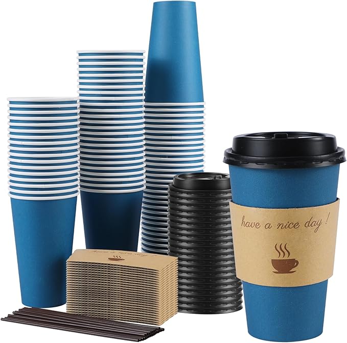 500 pack 16 oz Coffee Cups with Lids, Disposable To Go Paper Coffee Cups with Sleeves and Stirring Sticks for Hot/Cold Drinks Office Home Shop Event