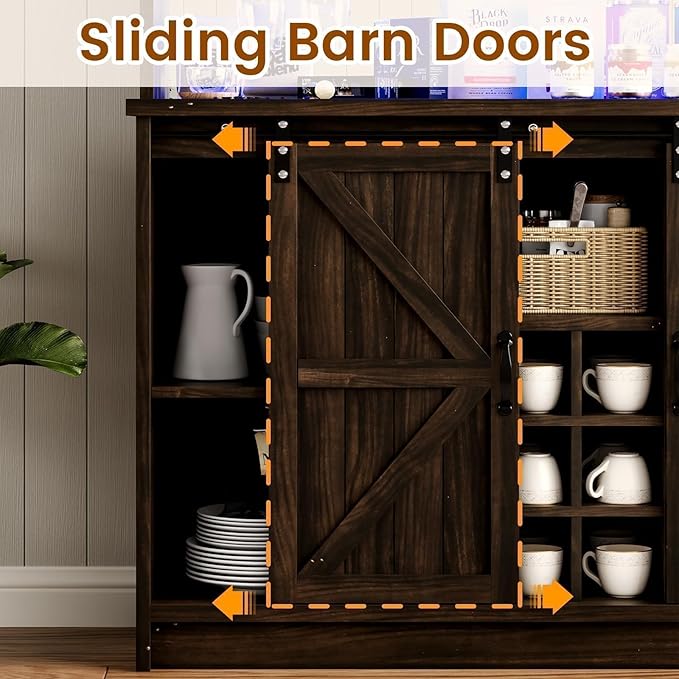 4ever2buy Farmhouse Coffee Bar Cabinet with LED Light & Mirror, 47” Buffet Cabinet with Sliding Barn Door,Coffee Bar with 4 Glass Hooks & 9 Wine Racks for Kitchen Dining Living Room, Brown