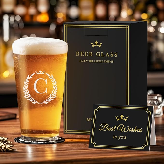 Personalized Beer Glasses Gifts for Men, 16 oz Pint Glasses Monogrammed A-Z Drinking Glass Cups Customized Gift, Unique Christmas Anniversary Birthday Gifts for Men Him Dad Brother Husband Grandpa (C)