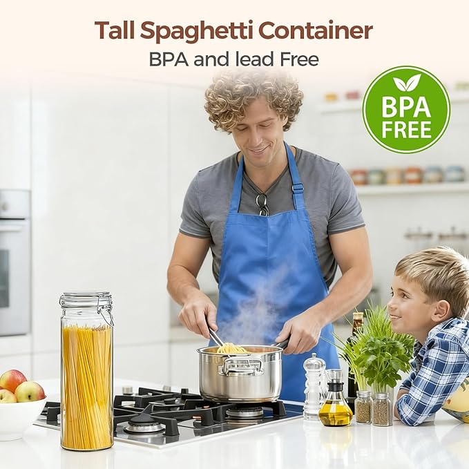 ComSaf Airtight Glass Jars Set of 3, 0.5 Gallon Food Storage Jar with Lids, Tall Spaghetti Container with Clear Preserving Seal Wire Clip Fastening, Pasta Storage Containers for Kitchen Canning