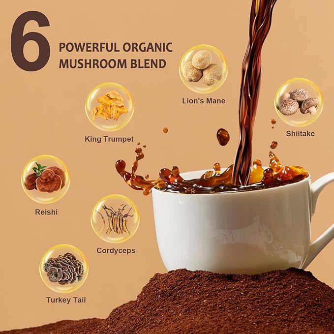 Mushroom Coffee, Organic 6 Mushrooms with Lion's Mane & Cordyceps Coffee for Sustained Energy, Mental Focus, Digestion & Immune Support, Instant Powder Coffee Low Caffeine, 6.35 Ounce 1 Pack