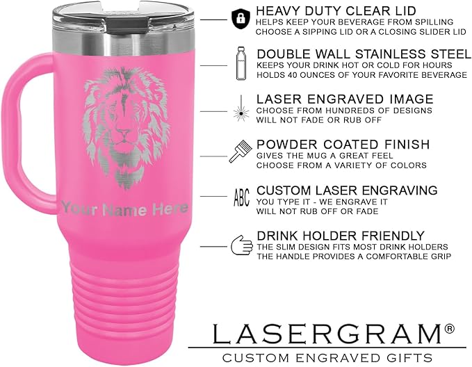 LaserGram 40oz Vacuum Insulated Travel Mug with Handle, Tiki Statue, Personalized Engraving Included (Pink)